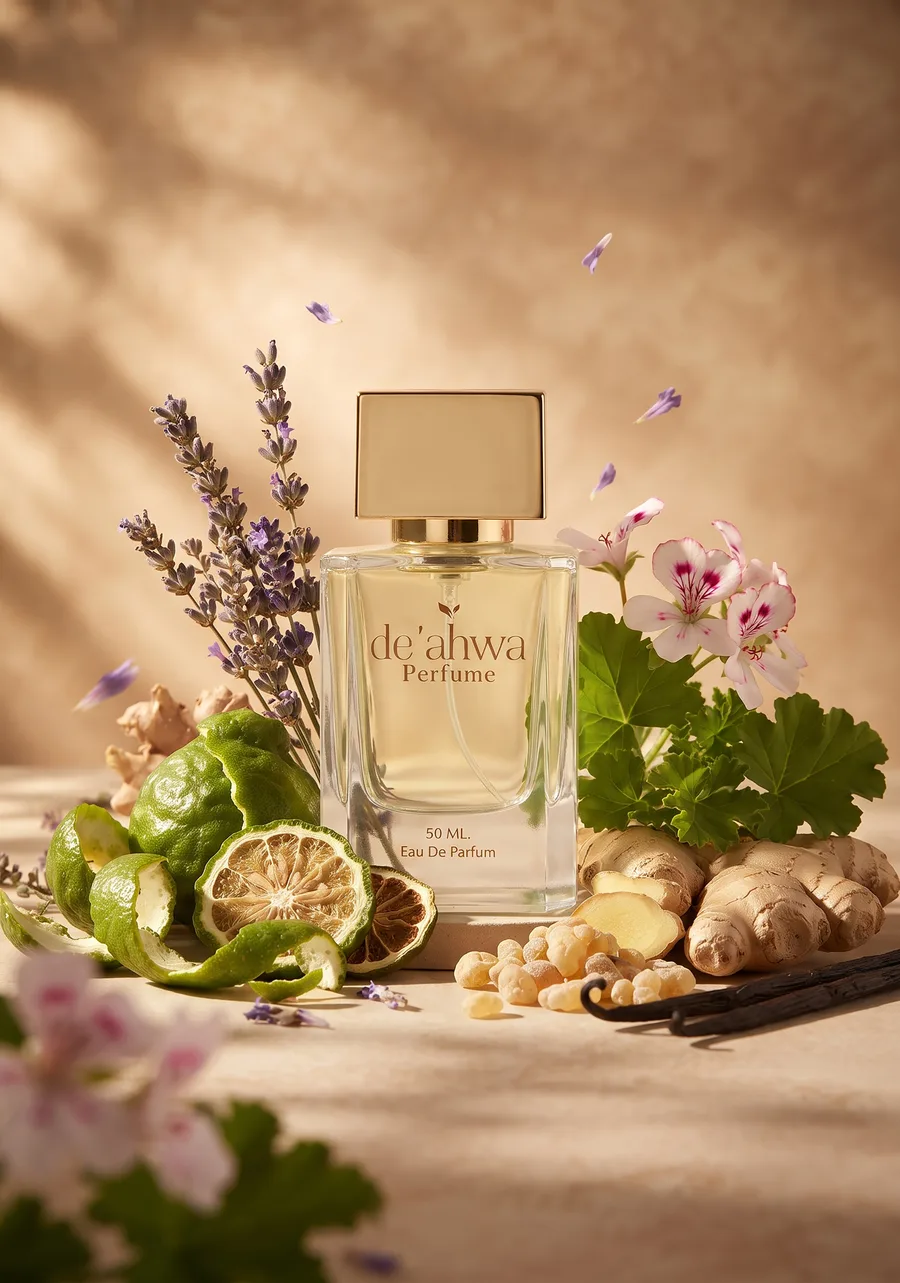 น้ำหอม De'ahwa กลิ่น Bergamot Ginger Essence วางกับมะกรูดฝาน ขิงสด ลาเวนเดอร์ และดอกไม้สีชมพู
