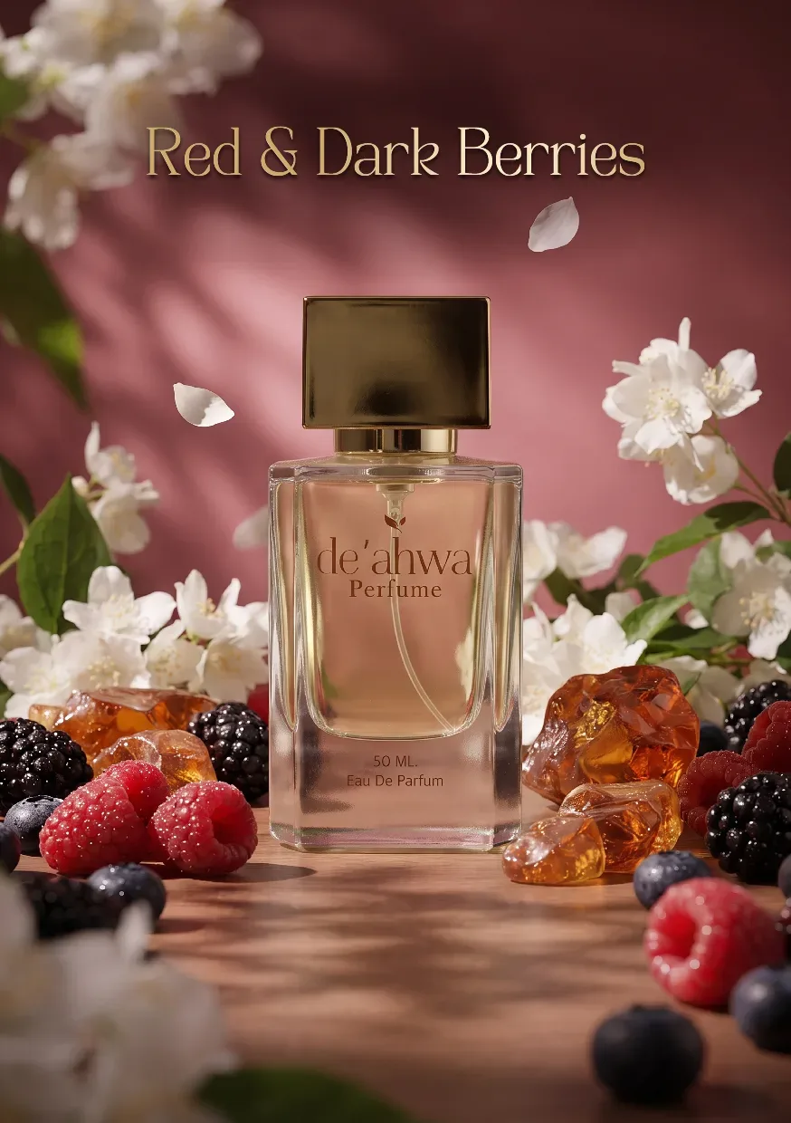 น้ำหอม De'ahwa กลิ่น Red & Dark Berries วางกับราสเบอร์รี แบล็กเบอร์รี และดอกไม้ขาว บนพื้นหลังสีแดงเข้ม